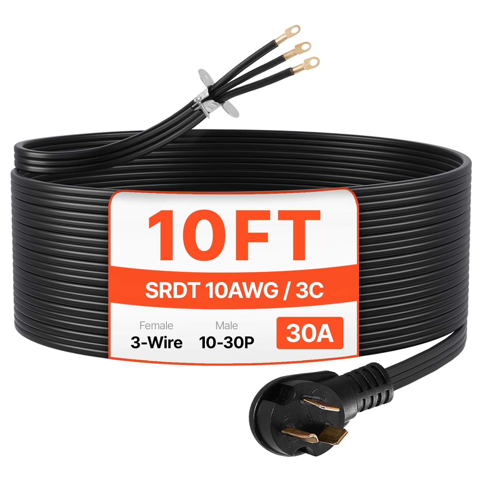 KFFKFF 10 ft Dryer Power Cord, 3-Prong NEMA 10-30P Appliance Cable with Eyelet Connectors, 125V/250V, SDRT 10AWG/3C, 30A, Copper Wire with PVC Tie, Suitable for Indoor & Outdoor Applications