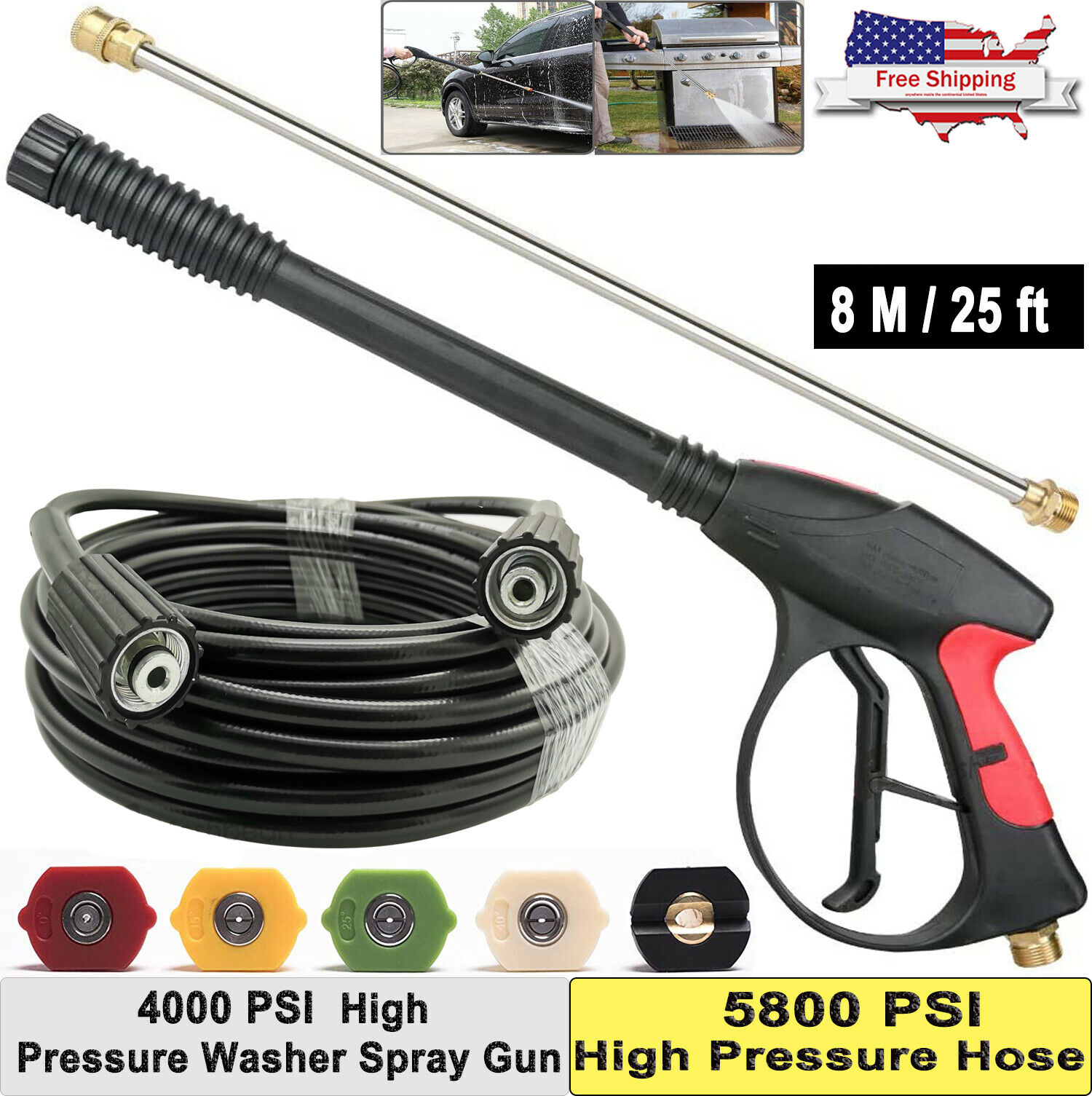 iMeshbean High Pressure Washer 4000PSI Car Washer High Pressure Power Washer Spray Gun Stick and 5800PSI Hose, Tips Kit