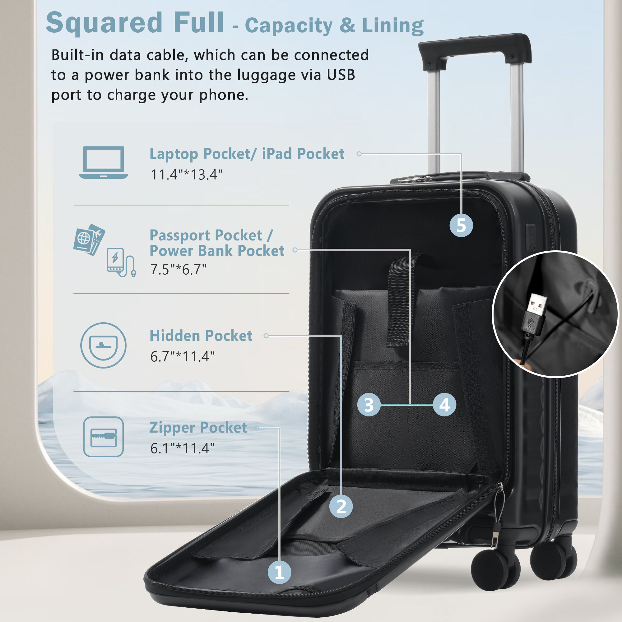 Hard Shell Luggage Front Opening Luggage Set 3 Piece, Hardside Carry on Suitcase with USB Port, Expandable Luggage with Handle Bag Spinner Wheels TSA Lock,Carry On Hard Shell Luggage