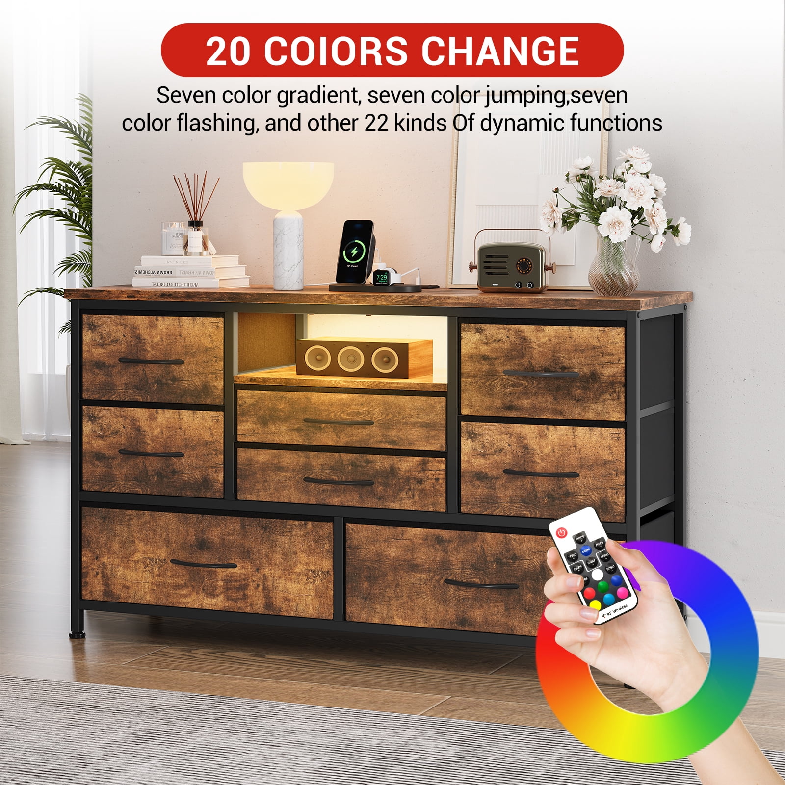 KOKEBREN 47.4"Wide Dressers for Bedroom 8 Fabric Drawers Dresser with LED lights & Power Outlet TV Stand for 55" TV,Rustic Brown