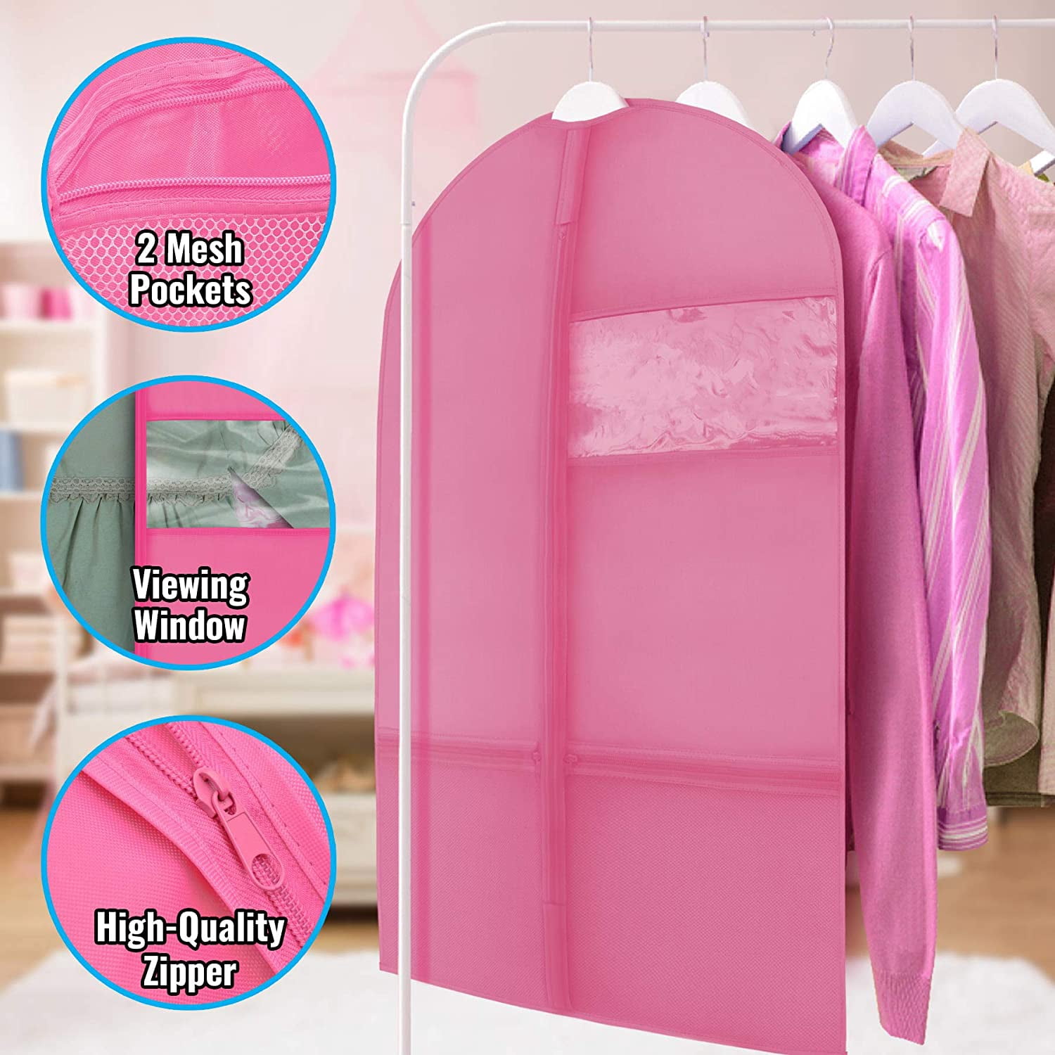 Plixio Garment Bags for Kids Dance Costumes with Transparent Window and Zippered Mesh Pockets for Shoes Clothing and Accessory Storage (3 Pack) (Pink: 36" x 23")