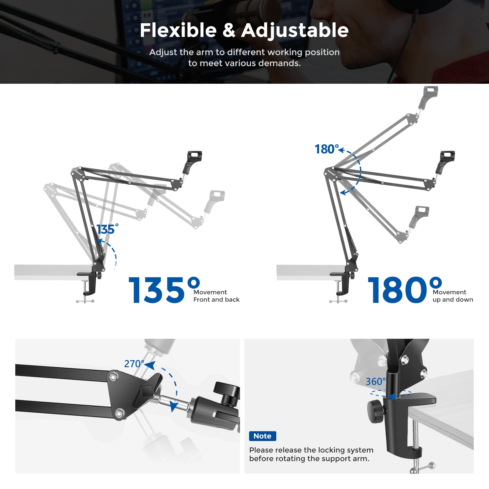 Neewer Microphone Arm, Mic Arm Microphone Stand Boom Suspension Scissor Stand with 3/8" to 5/8" Screw Adapter and Cable Ties Compatible with Blue Yeti, Snowball, Yeti X and Other Mics, Max Load 1.5KG