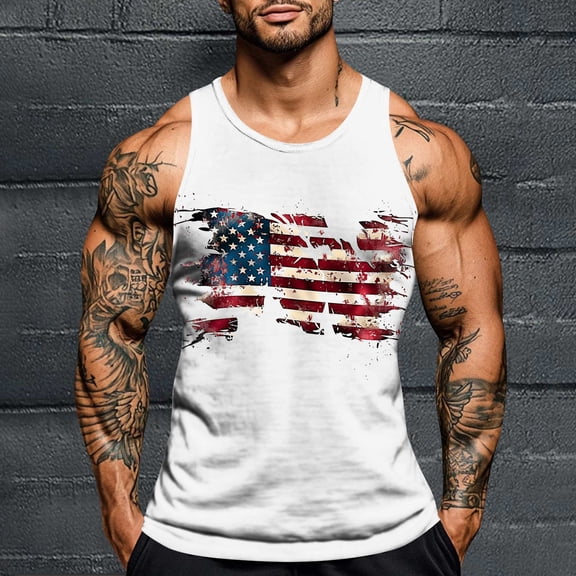 Momasggi Men's American Flag Tank Tops 4th of July Sleeveless Crew Neck Patriotic T-Shirts Muscle Fit Tees Big and Tall Summer Tank Top White 4XL