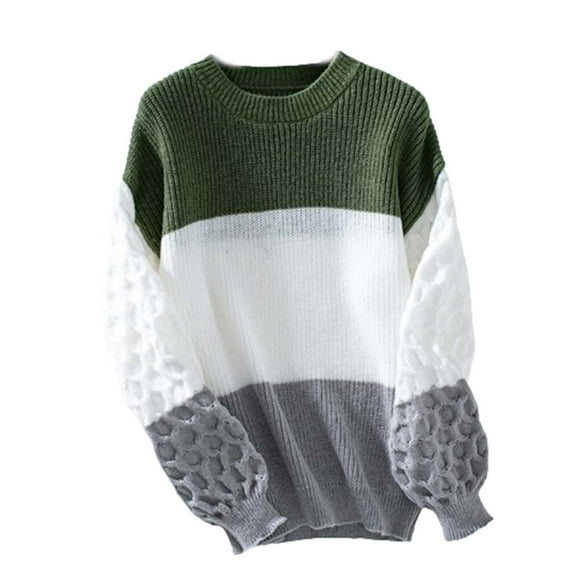 UTSJKR Women's Fall Winter Knit Sweaters Color Block Crew Neck Pullover Tops Casual Loose Cozy Going Out Knitwear Oversized Long Sleeve Sweaters 2024 Fashion Clothing Army Green L