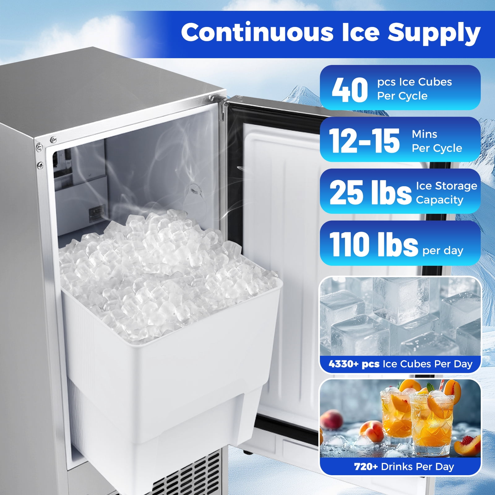 Costway Freestanding Ice Maker, 110 lbs/24H Undercounter/ Ice Machine with 25 lbs Capacity Silver