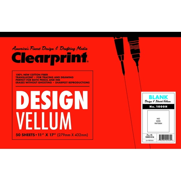 clearprint Tapis de Vélin Design 1000H, 16 lb, 100 % Coton, 11 x 17 Pouces, 50 Feuilles, Blanc Translucide, 1 Pièce (10001416) - Pack de 4