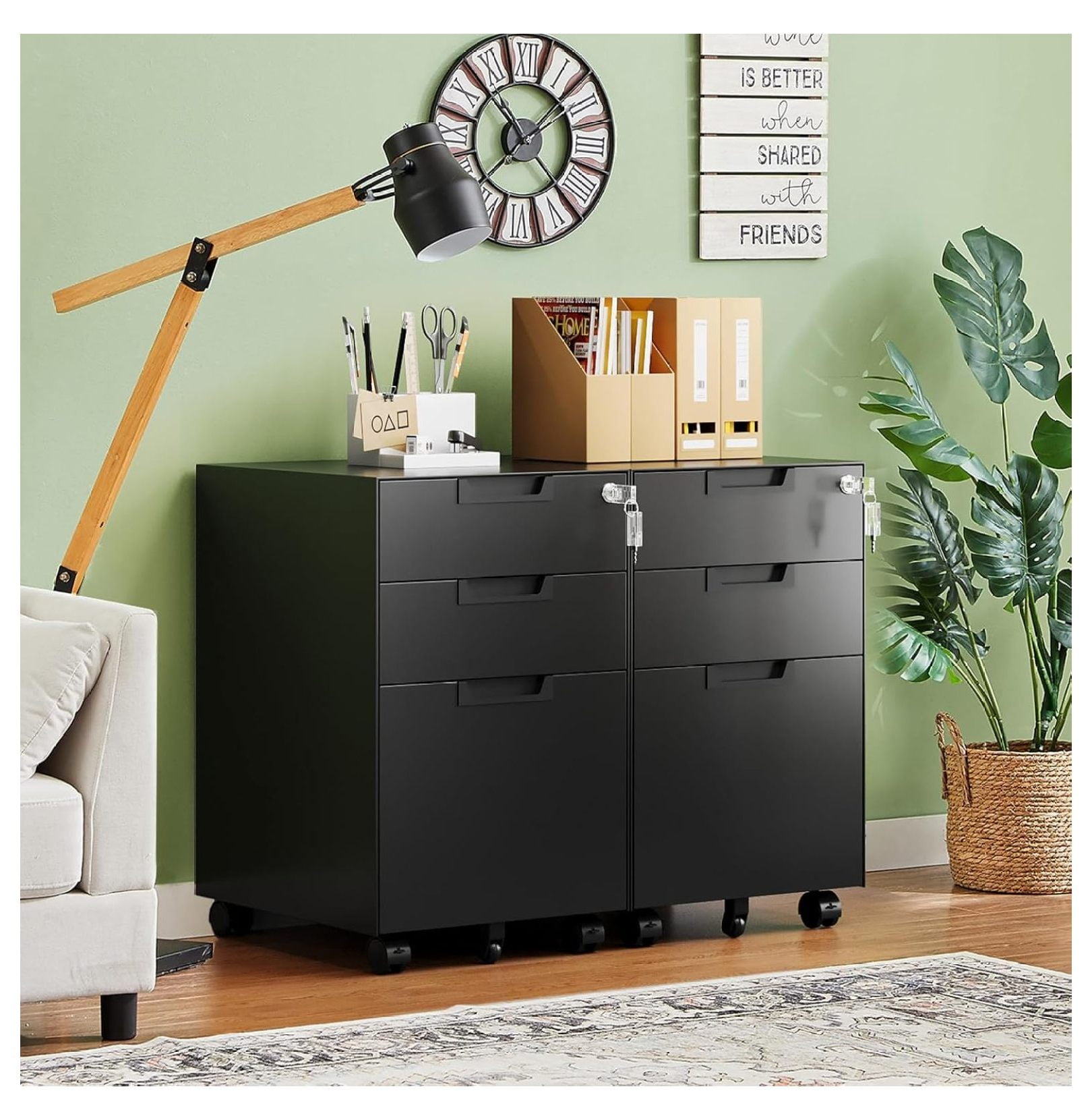 WDZS 3 Drawer Mobile File Cabinet with Lock,Under Desk Metal Small Filing Cabinets for Home Office Organizer Letters/Legal/A4(Fully Assembled Except Wheels-Black)
