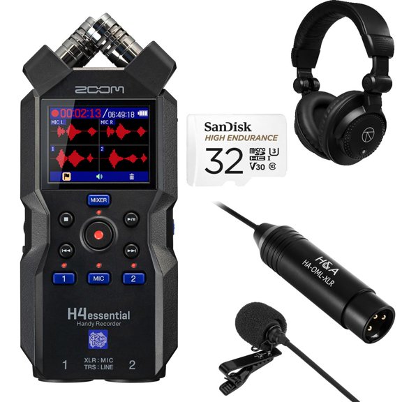 Zoom H4essential 4-Track 32-Bit Float Handy Recorder Bundle with HA-OML-XLR Professional Omni-Directional Lavalier XLR Microphone, TAPH100 Closed-Back Headphones  and SanDisk 32GB Memory Card