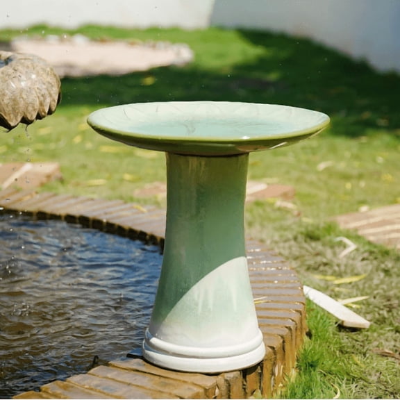 17'' Ceramic Bird Bath for Outside, Elegant Tall Outdoor Bird Bath, Lightweight Pedestal Glazed Birdbaths for Outdoors with floral Pattern, Ombre Green