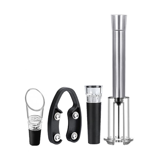 Juego de 4 abridores de botellas 4 en 1 con bomba de aire, abridor a presión, cortador de papel de aluminio, vertedor inflable, tapón de vacío, accesorios para vino.