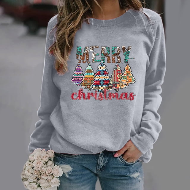 Qertyioot Chandail d'Hiver pour Femme à Imprimé de Noël, Manches Longues, Col Rond, Chaud, Ample, Tendance, Tricoté