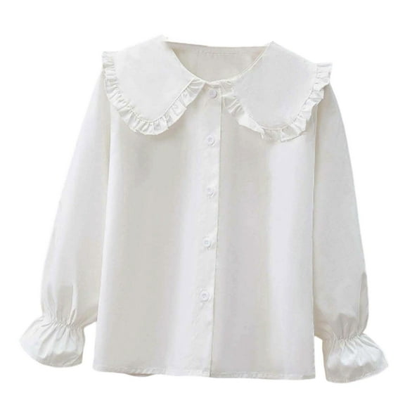 Byoo Toddler Girls Solid Blouse Shirt Pearl Trim Peter Pan Collar Long Sleeve Ruffled Tee Top Cute Casual Button Down Shirt