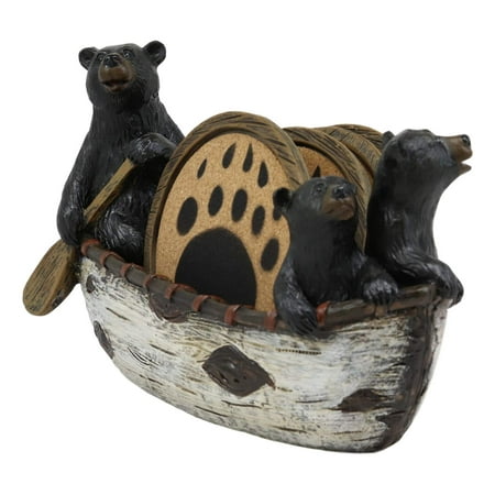 Ebros Gift Rustic Woodlands 3 Black Bears Family On Paddle Canoe Boat Bear Paw Coaster Set 4 Round Coasters with Figurine Holder 7