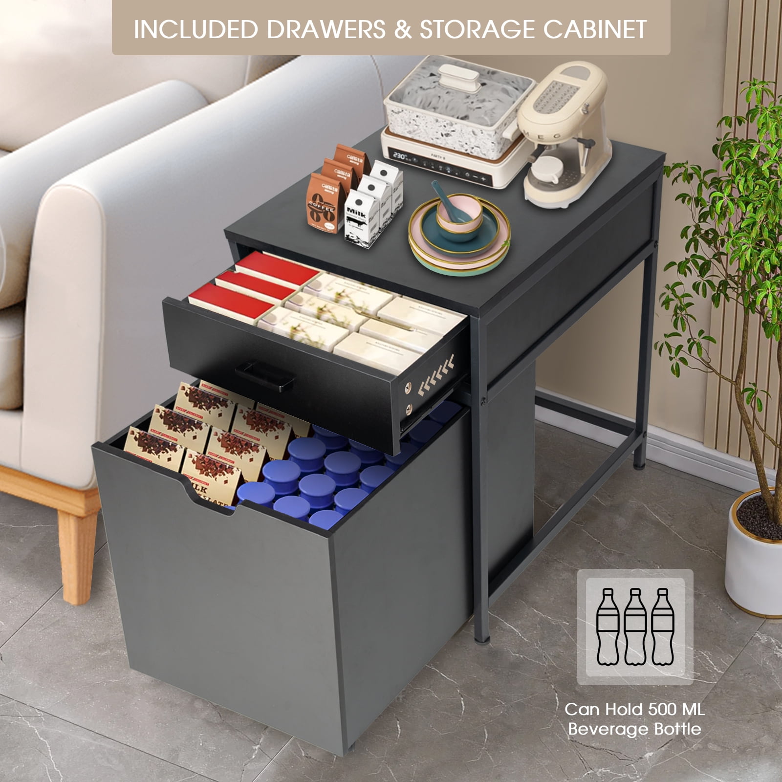 Mini Fridge Stand with Storage, Heavy Duty Mini Fridge Table with Rolling Cabinet 220LBS Capacity Tabletop for Dorm, Apartment,Office, Bedroom