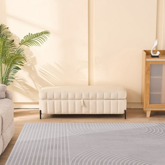 Nmkwnr 49.21" Upholstered Storage Bench with Metal Legs, Soft Velvet Storage Ottoman for Living Room, Entryway, Bedroom, Beige
