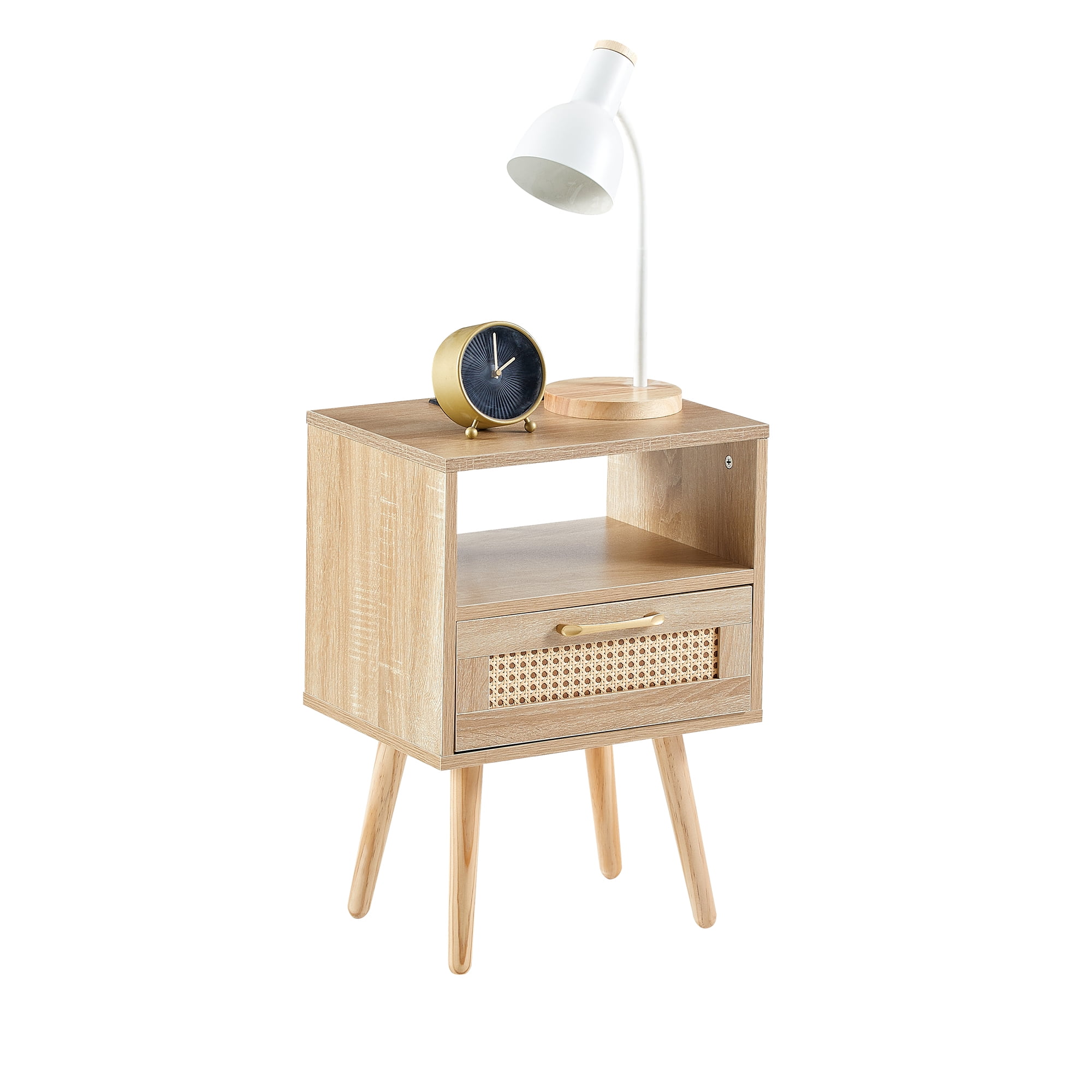 MAYEERTY 15.75" Rattan End Table with Power Outlet & USB Ports – Modern Nightstand with Drawer & Solid Wood Legs, Natural
