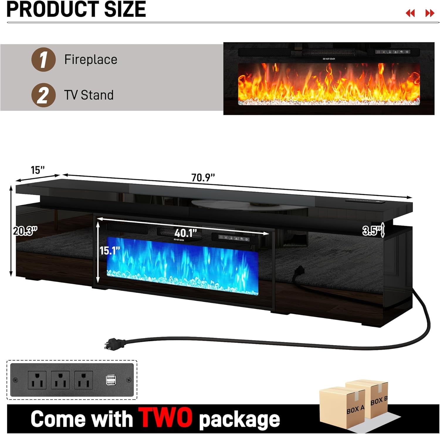 70" LED TV Stand with 40" Fireplace for Modern Living Room, Glossy Fireplace TV Stand Gaming Entertainment Center with Power Outlet for 85/80/75 Inch TVs