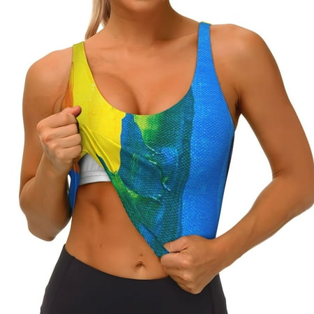 Qokaie Rainbow Colored Pattern Womens Scoop Neck Sports Bra Breathable Workout Vest Padded U Back Medium Impact Fitness Gym Yoga Bra Workout Crop Top