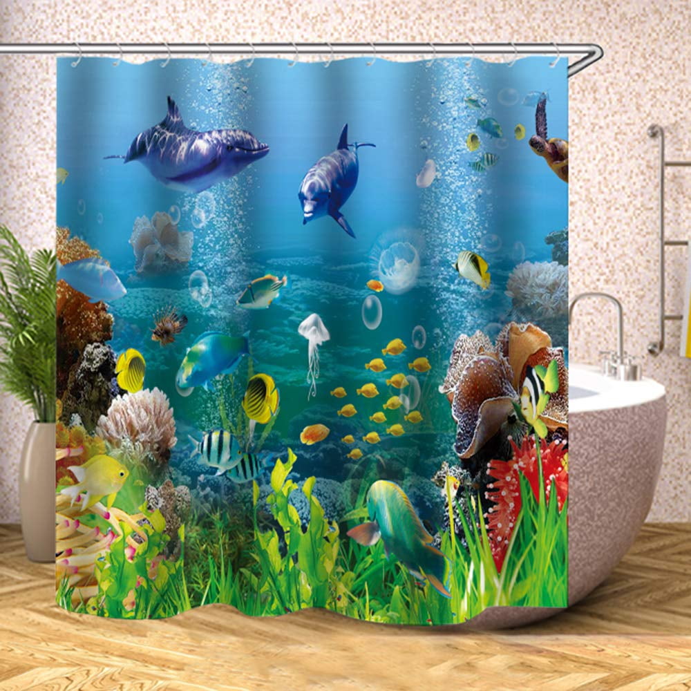 Dolphin Shower Curtain Underwater Algaes Coral Reefs Sunbeam Tropical