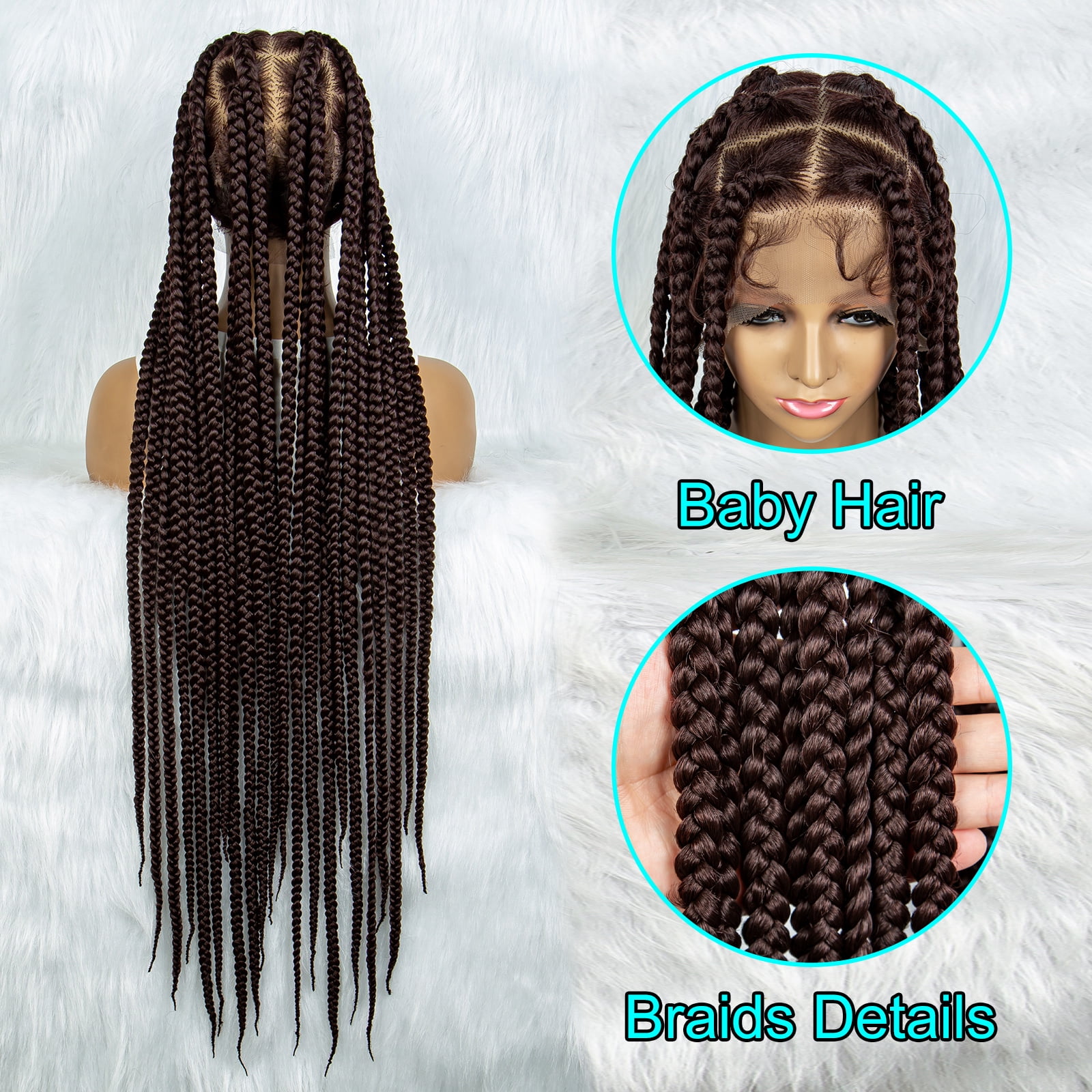 Full Lace Cornrow Braids Synthetic Lace Front Wig Dark Brown 36 Inches Big Square Knotless Box Braids Wig with Baby Hair Braided Wigs for Black Women