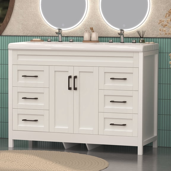 Jarbalai 47" Freestanding Bathroom Vanity with Twin Basin and Cabinet Storage and Drawers, White