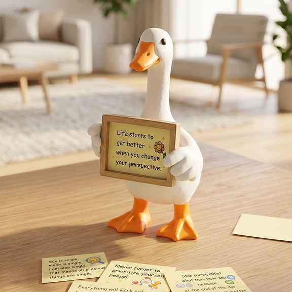Sziqiqi 6" Desk Goose Figurine with Accessories: Cute Resin Goose Statue for Home Office Decor Funny White Goose with Hat Bow Tie 6 Motivational Cards Quirky Gift for Women Housewarming Birthday