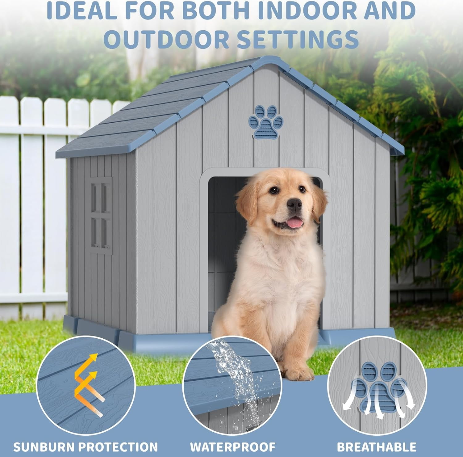 Blue 31" Indoor/Outdoor Weatherproof Dog House – Elevated Floor for Small to Large Breeds, Tool-Free Assembly