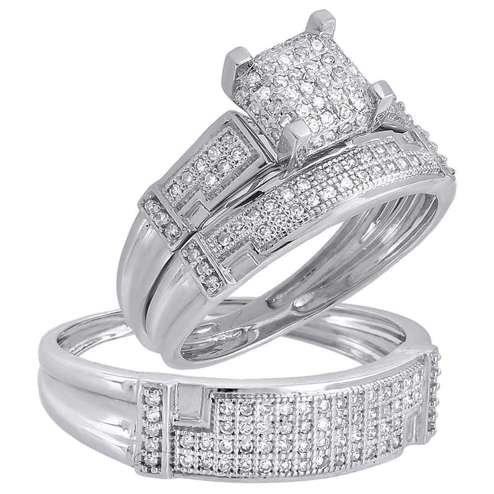 Diamond Trio Set His Her Matching Engagement Wedding Ring 10k White