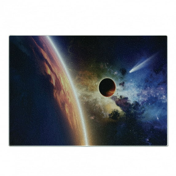 Outer Space Cutting Board, Comet Approaches Vibrant Planet Scientific Realities in Solar System World Scene, Decorative Tempered Glass Cutting and Serving Board, Small Size, Red Blue, by Ambesonne