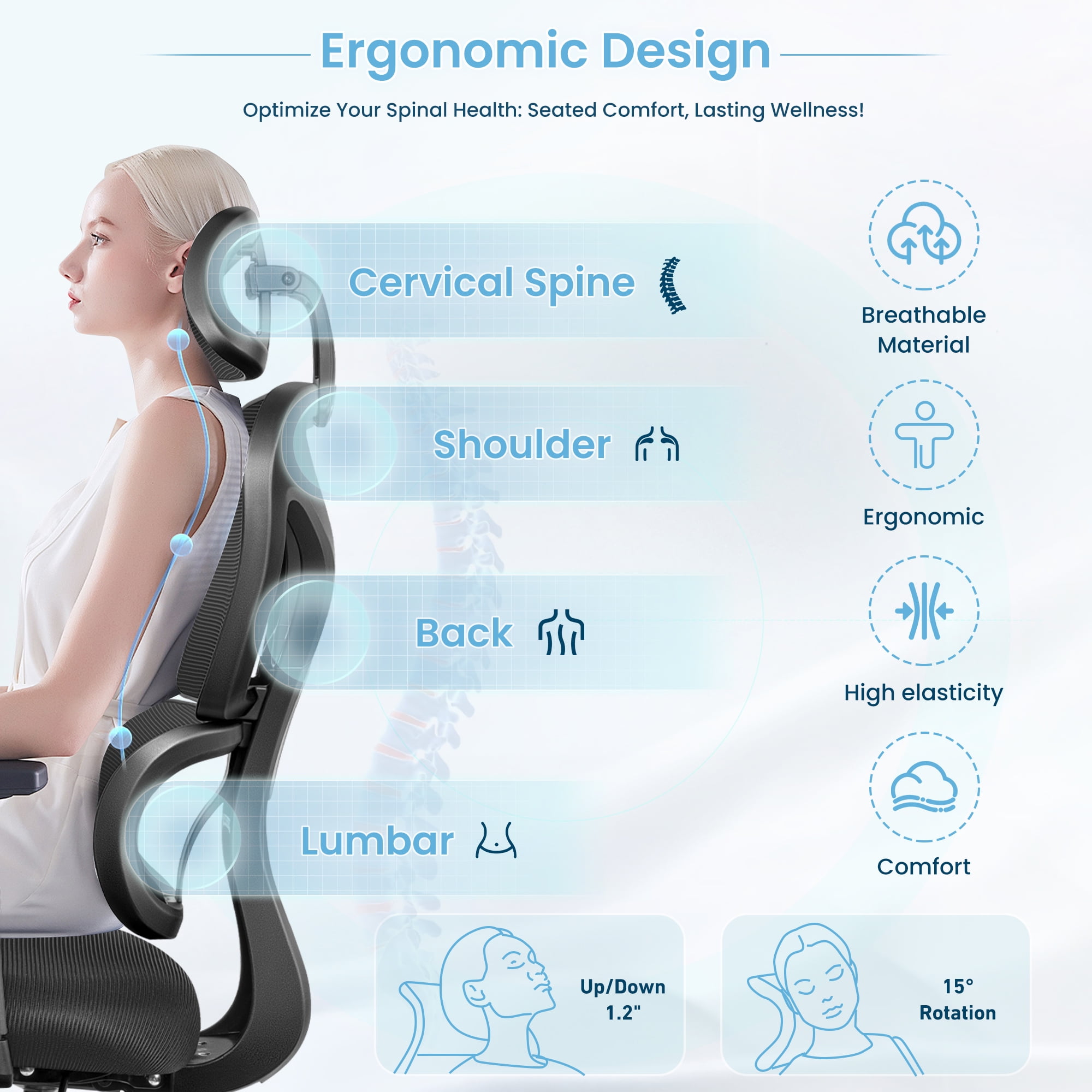 COOLHUT Ergonomic Office Chair, High Back Adjustable Computer Desk Chair with Lumbar Support, 500lb, Black