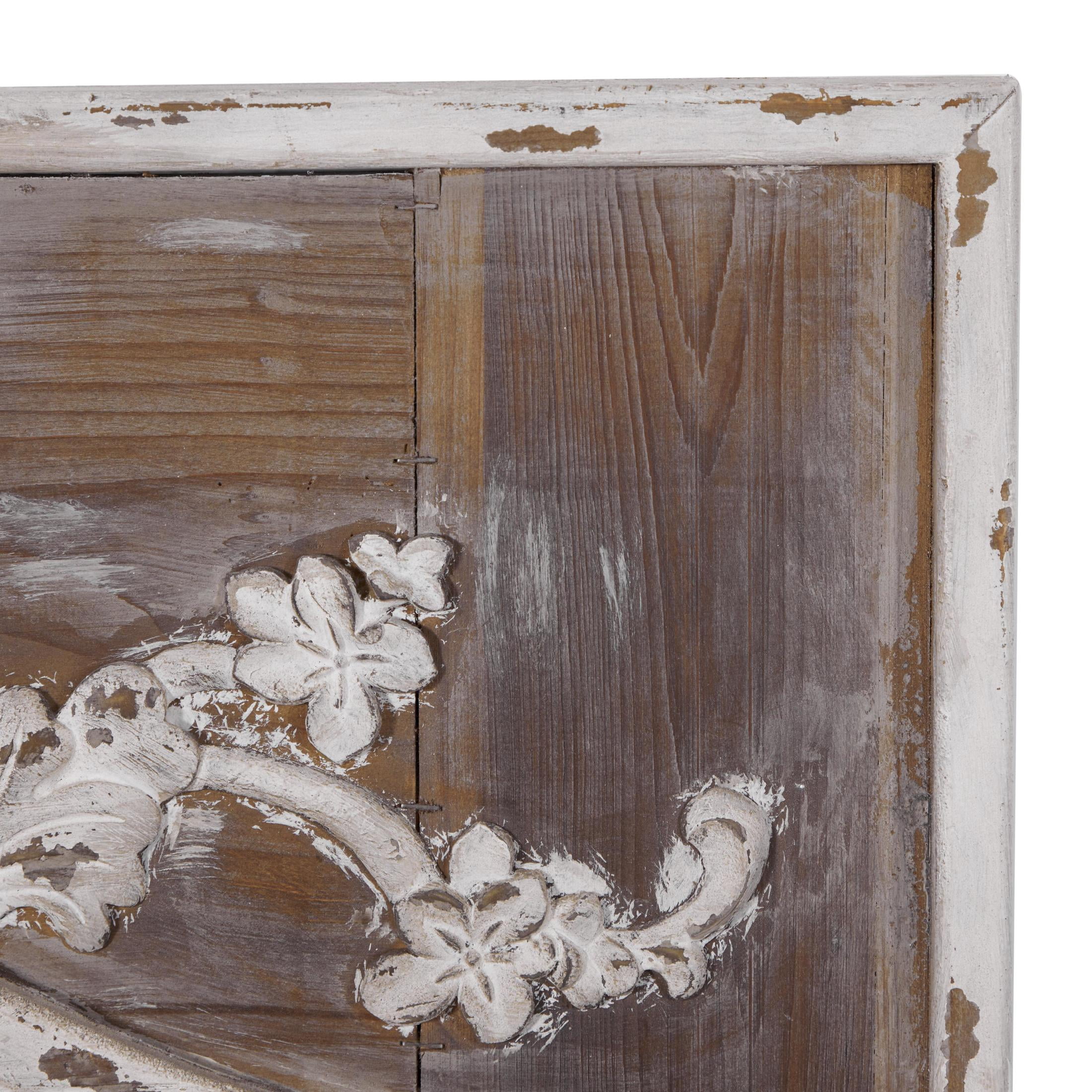 DecMode 33" x 43" Brown Vintage Inspired Acanthus Scroll Floral Wall Mirror with Distressed Cream Accents