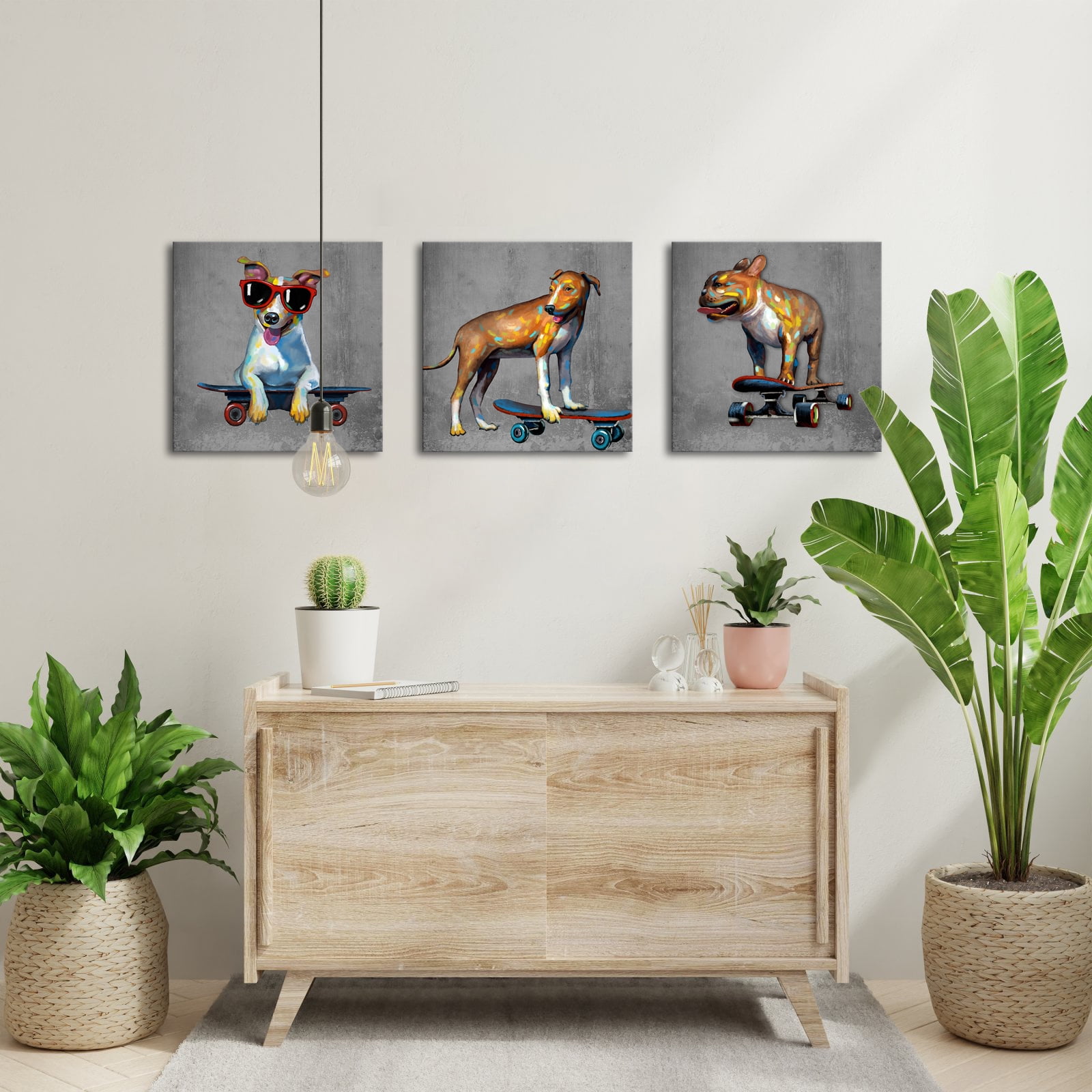 Funny Dog Pictures Wall Art 3 Piece Puppy Canvas Prints Wall Decor Pet Animal with Colorful Artwork Gallery Wrapped for Office Kids Boy Room 12x12inchx3 Panel