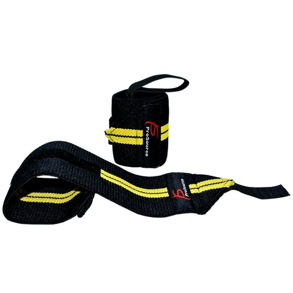 ProSource Pair of Barbell Weight Lifting Wrist Wraps Support with Thumb Loop, Yellow