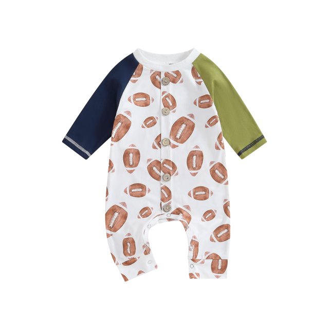 Honganda 0-12 Months Baby Boy Button Romper Rugby Print Contrast Color Long Sleeve Jumpsuit for Infant Toddler Fall Clothes