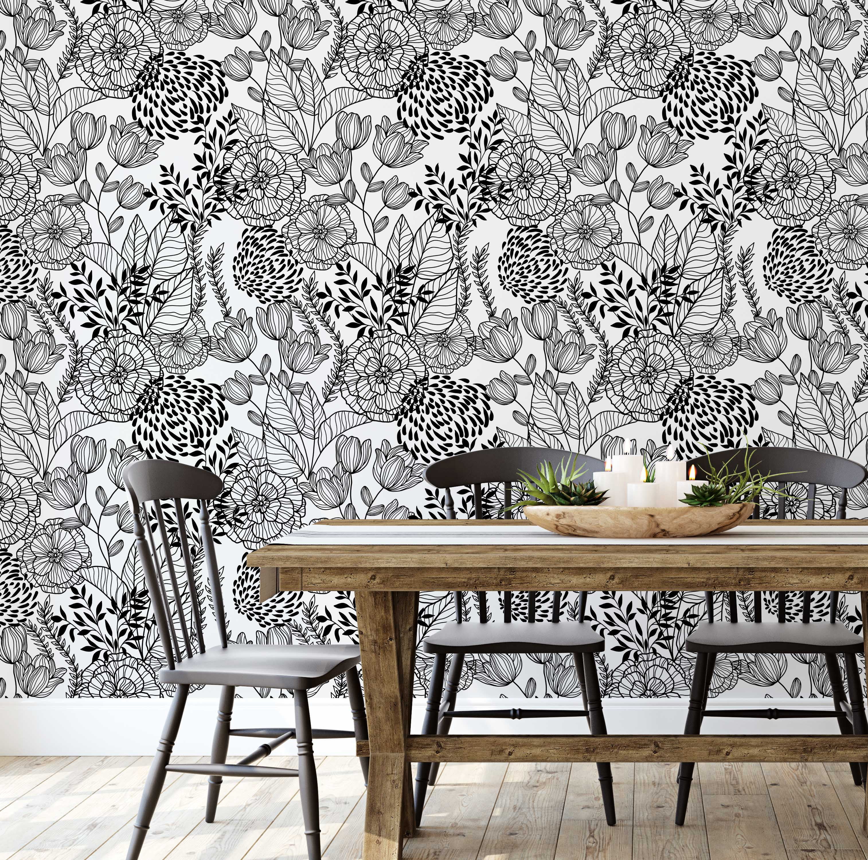 S4Sassy Peel and Stick Wall Covering, Floral Garden Wallpaper Removable Wallwrap - Black Textured Instant Wall Mural for Bedroom, Bathroom, Laundry Room, Closet Interior (25"x360" inch)