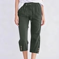 thumbnail image 7 of Capri Pants for Women Spring Summer Cotton Linen Straight Wide Leg Loose Drawstring Elastic Waist Cropped Trouser Army Green 3XL, 7 of 7