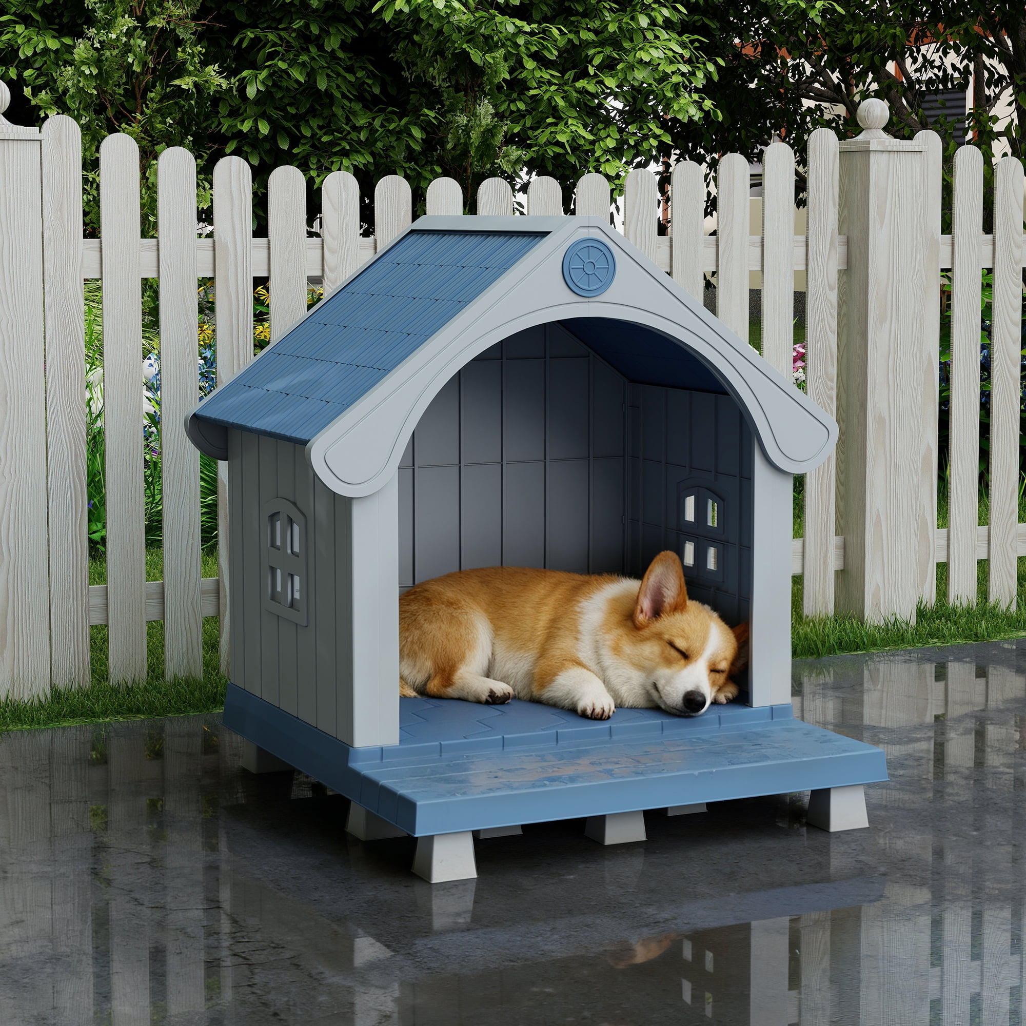 COZIWOW Large Weatherproof Elevated Plastic Dog House Pet Kennel Indoor Outdoor Cat House with Open Front