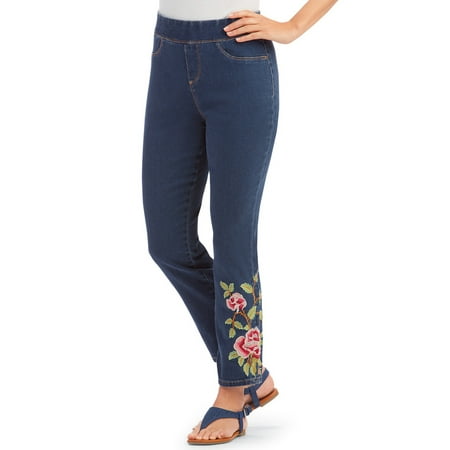 Pocket Ankle Crop - Women's Floral Rose Embroidered Pull-On Denim Ankle Pants with Elastic Waistband and Faux Front Pockets, Xx-Large, Indigo Blue