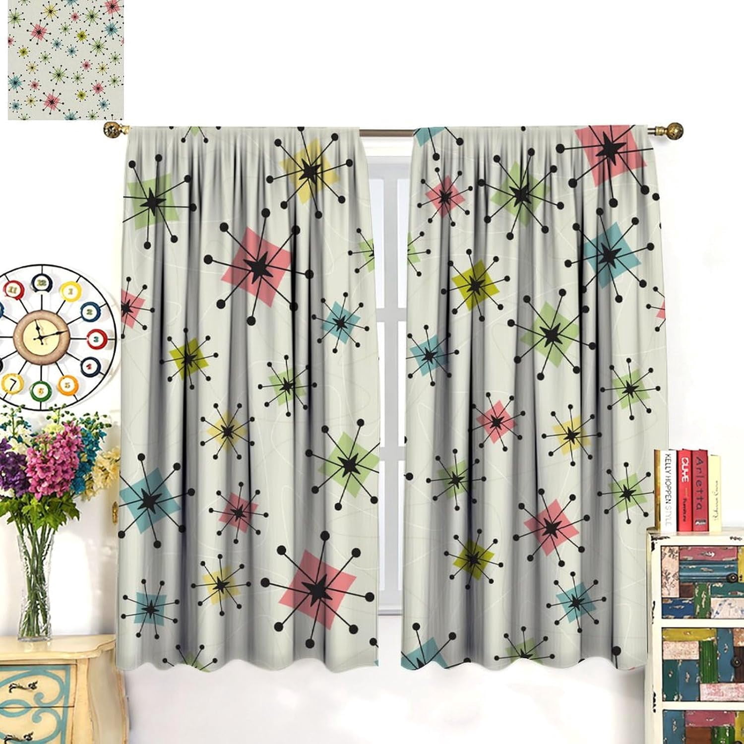 Mid Century Atomic Curtains, Vintage Atomic Stars Exploding Modern Geometric Boomerangs, Bedroom Living Room Blackout Noise Reduction Curtains52X84 Inch