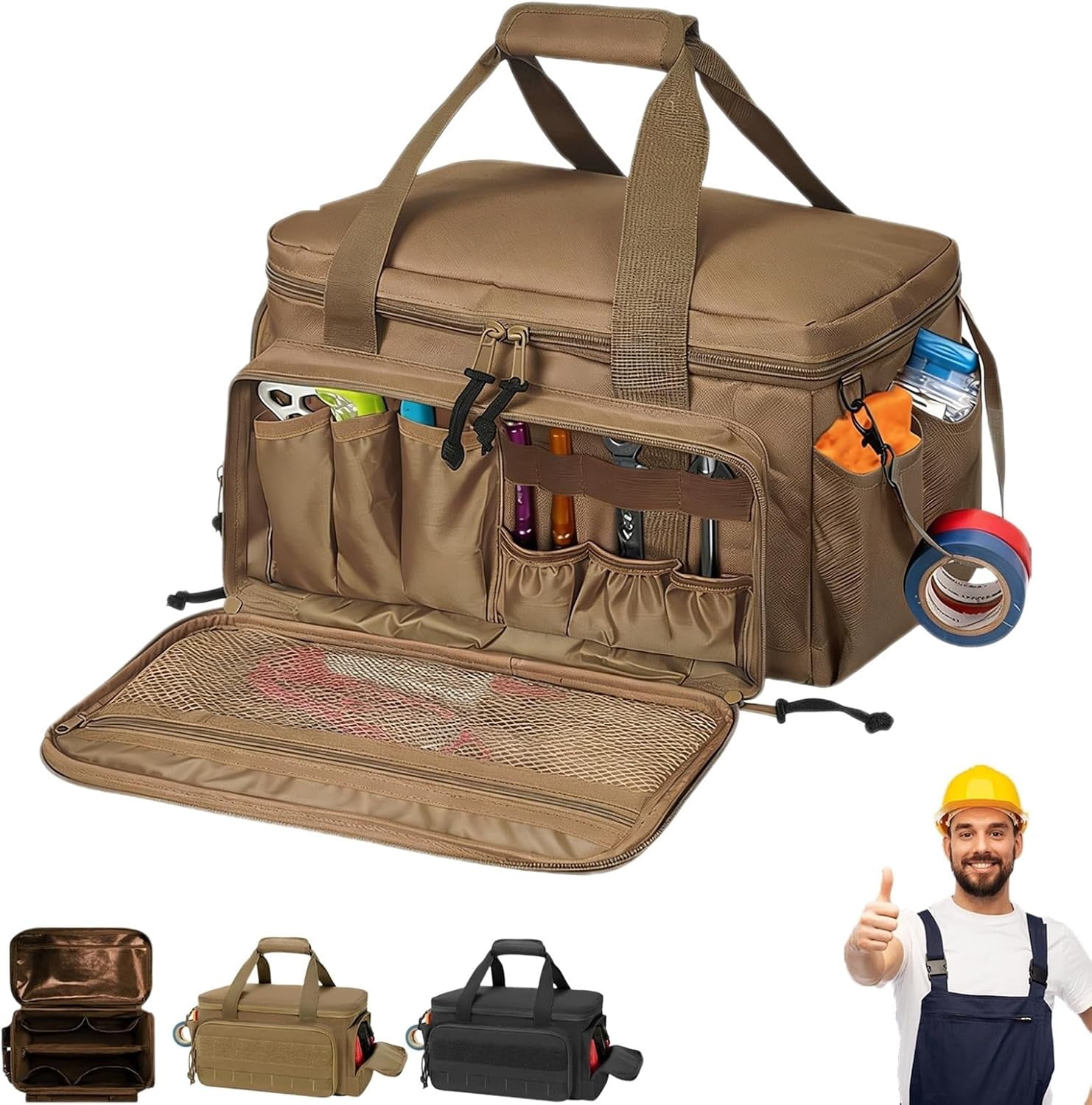 Heavy-Duty Canvas Tool Bag, Tool Pouches With Compartments, Heavy Duty Large Utility Bag With Anti-Friction Bottom for Electrician Repairman Carpenter Handyman(Black)