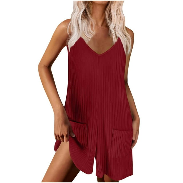 biudgviw Women's Summer Rompers Sleeveless V Neck Spaghetti Strap Ribbed Neck Casual Jumpsuits Loose Overall Shorts with Pockets