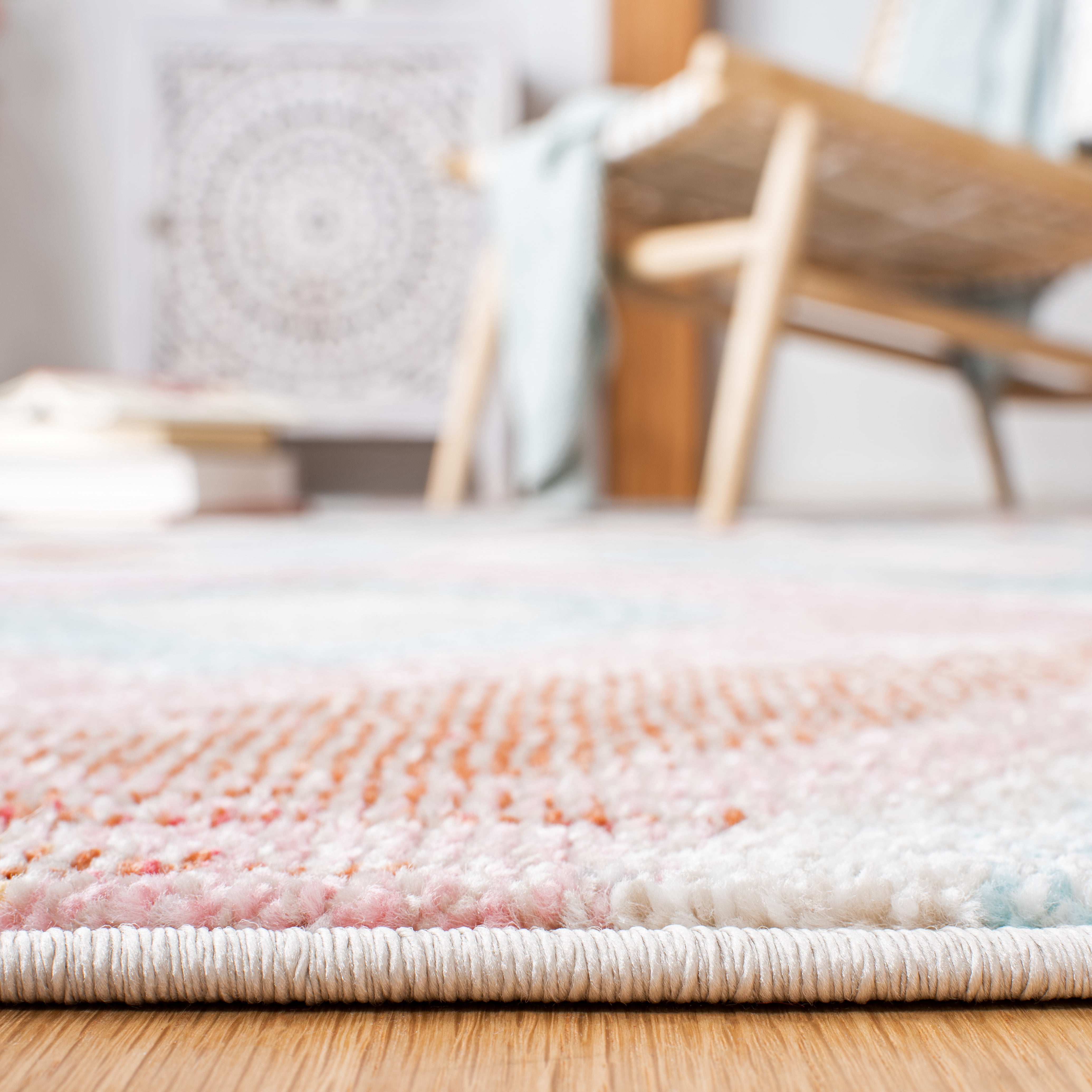 SAFAVIEH Phoenix Pemala Geometric Area Rug, Light Blue/Pink, 6'7" x 6'7" Round