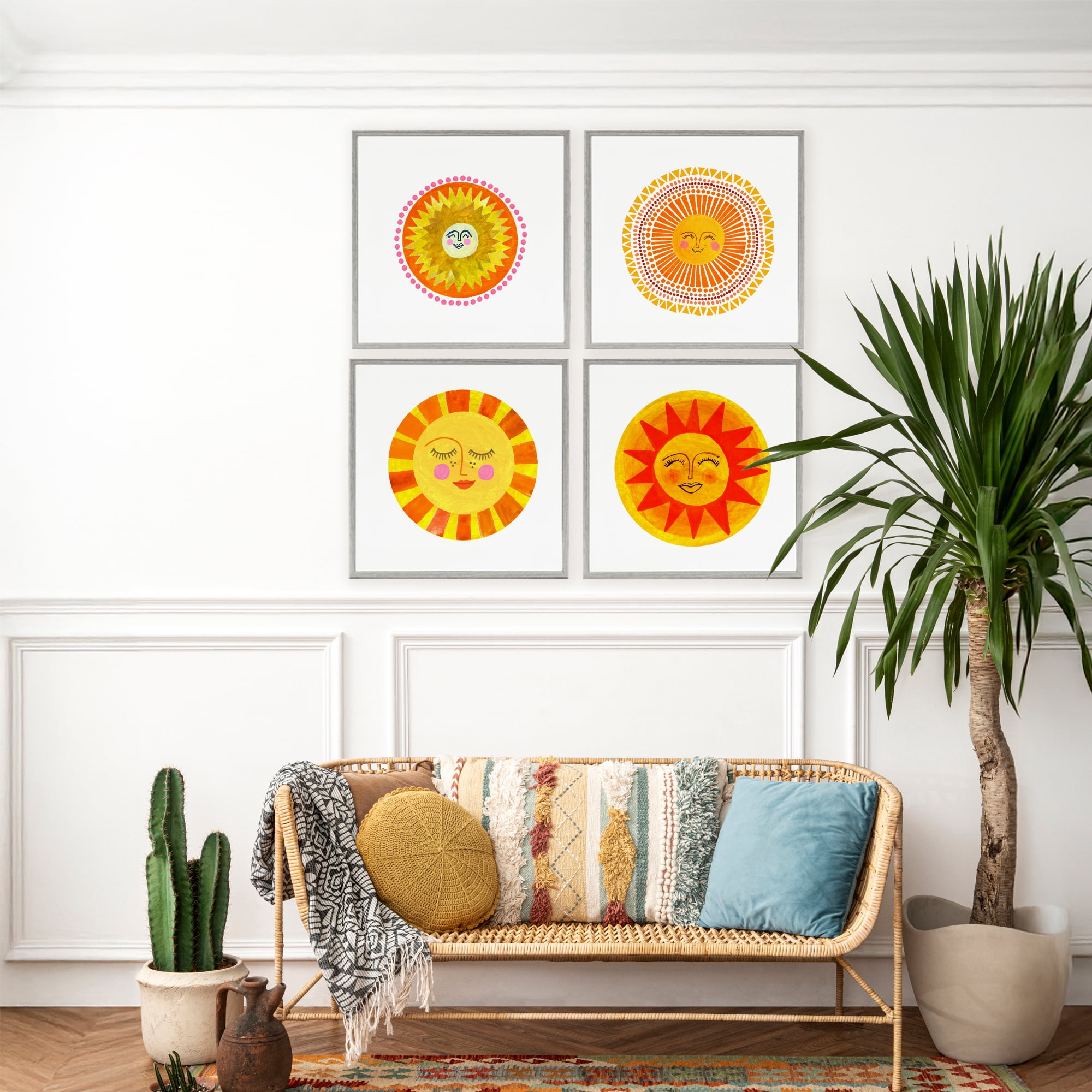 Stupell Industries Whimsical Smiling Suns 4 Piece Gray Framed Giclee Art Set, design by Katherine Herrell Studio