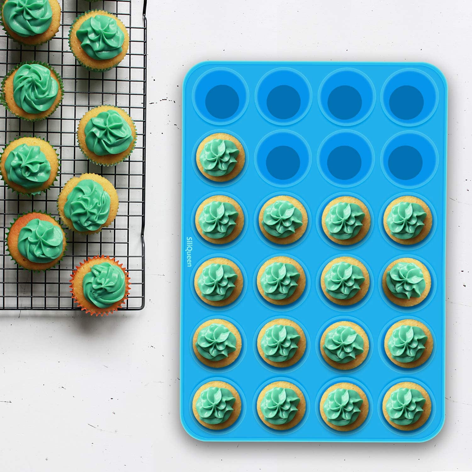 Kepooman Mini 24 Cups Non-Stick Silicone Mold for Baking, Blue Kepooman Mini 24 Cups Non-Stick Silicone Mold for Baking, Blue