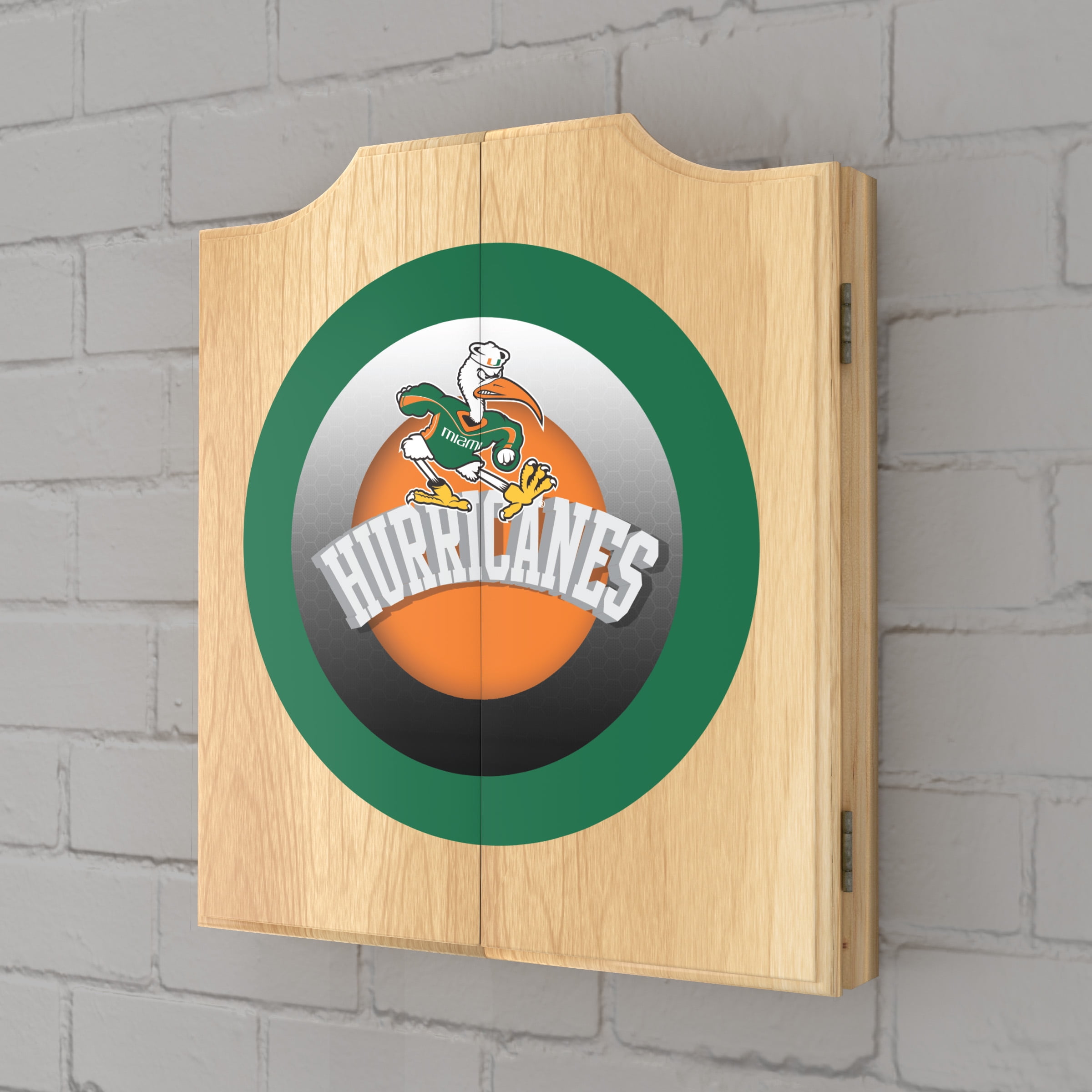 University of Miami Sebastian Honeycomb Dart Board Cabinet Set with 6 Steel Tip Darts