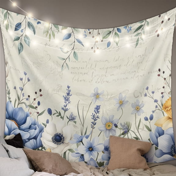 Blue Flowers Large Tapestry for Bedroom Wall Hanging Tapestry, Eucalyptus Farmhouse Floral Butterfly Ceiling Backdrop Tapestries Poster Blanket Wall Decor for Teens Room Living Room Dorm 86" x 104"