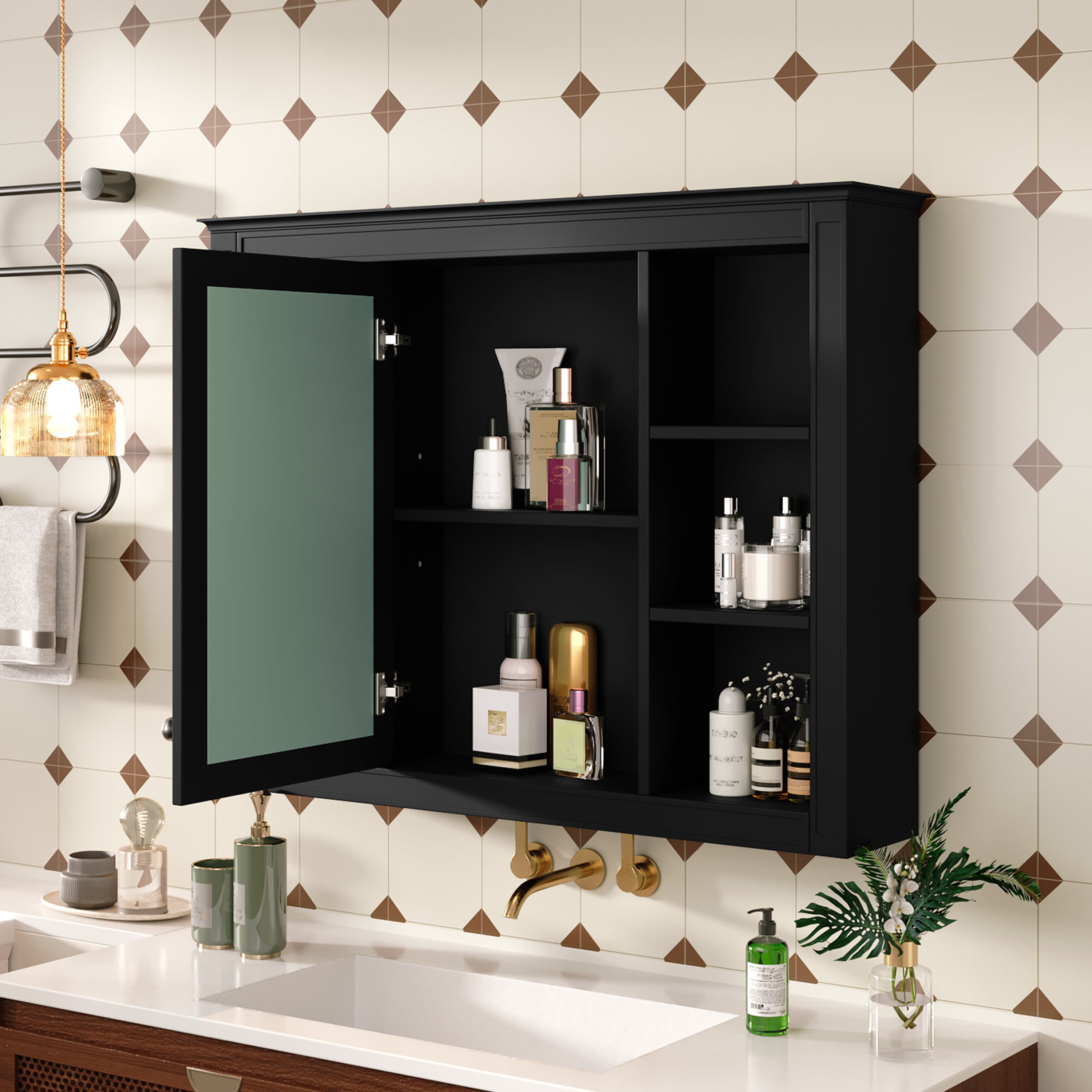 Euroco 35'' x 27.5'' Medicine Cabinet, Wall Mounted Bathroom Storage Cabinet, Modern Bathroom Wall Cabinet with Mirror, Mirror Cabinet with 6 Open Shelves (Not Include Bathroom Vanity )