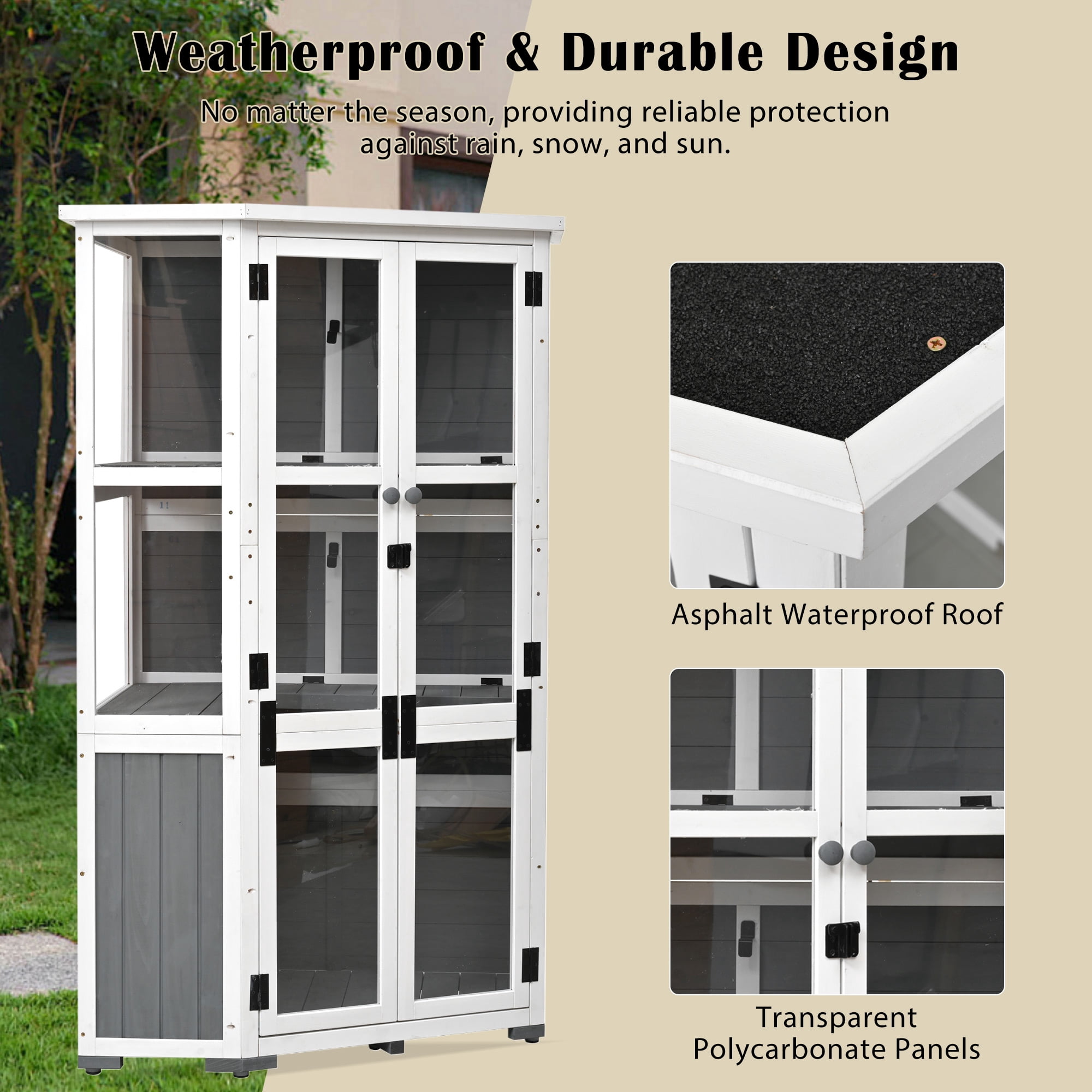 MAYEERTY 63'' Garden Wood Storage Cabinet – Outdoor Tool Shed & Mini Greenhouse with Lockable Door, Waterproof Roof, and Adjustable Shelves
