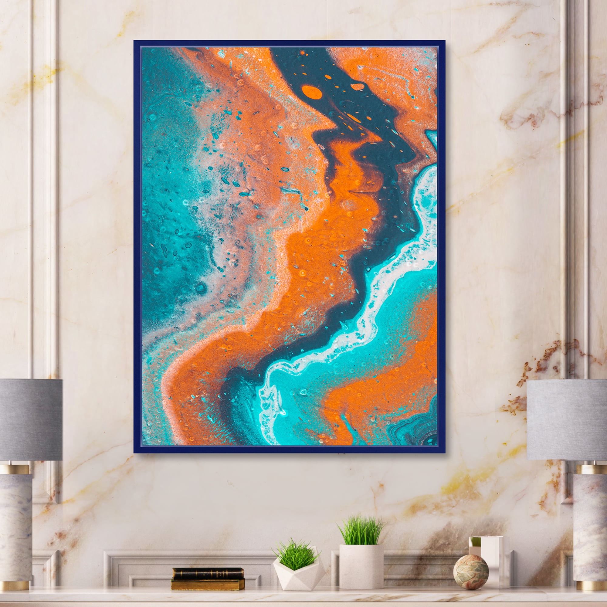 Designart 'Abstract Marble Composition In Orange and Blue I' Modern Framed Canvas Wall Art Print