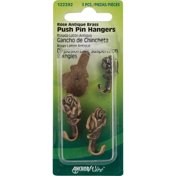 Hillman Rose Push Pin Hangers Antique Brass - Steel, Reusable - Pack of 10 — Residential Use, Standard Application